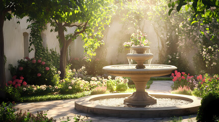 A beautiful garden with a fountain. Sunshadow. Illustration
