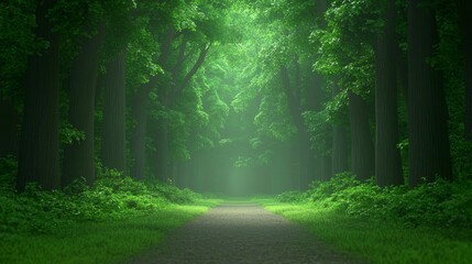 3D render of a protected forest area with a pathway, sunlight, and lush greenery, promoting conservation.