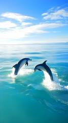 Two dolphins leaping from the ocean under a bright sky; perfect for travel brochures, wildlife documentaries, or marine conservation campaigns