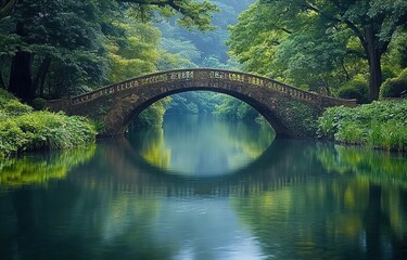 Fototapeta premium A photograph of an elegant stone bridge over the calm waters, surrounded by lush greenery and towering trees, reflecting in the clear water below.