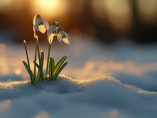 deep snow,  the image is in the style of stock professional fine art photography, snow landscape, a close of a few snowdrops & january plants trying to grow  out of the snow