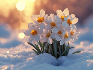 deep snow,  the image is in the style of stock professional fine art photography, snow landscape, a close of a few snowdrops & january plants trying to grow  out of the snow