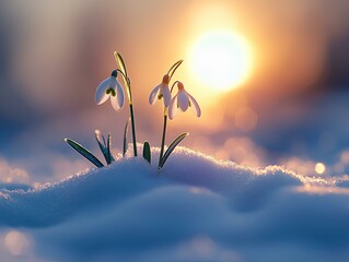 deep snow,  the image is in the style of stock professional fine art photography, snow landscape, a close of a few snowdrops & january  plants trying to grow out of the snow
