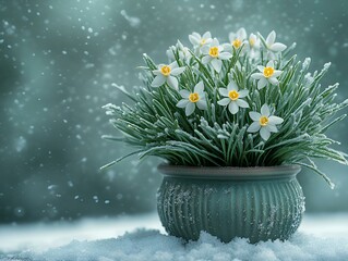 deep snow,  the image is in the style of stock professional fine art photography, snow landscape, a close of a few snowdrops & january plants trying to grow  out of the snow