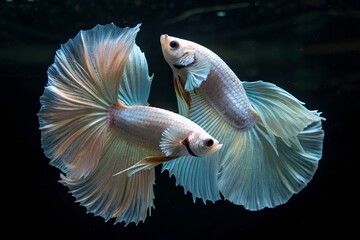 Dua ekor triple tail bettafish big ear pelangi halfmoon sedang berenang berpelukan  melingkar seperti penari balet dalam air bening dengan teknik slow speed dan pencahayaan rembrant