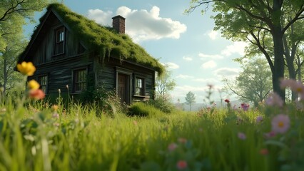 Serene Rustic Wooden House in Lush Meadow, Idyllic Cottage with Wildflowers, Moss, and Vines