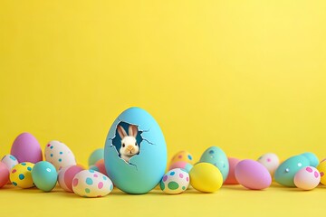 Colorful eggs scattered on bright yellow background, featuring p