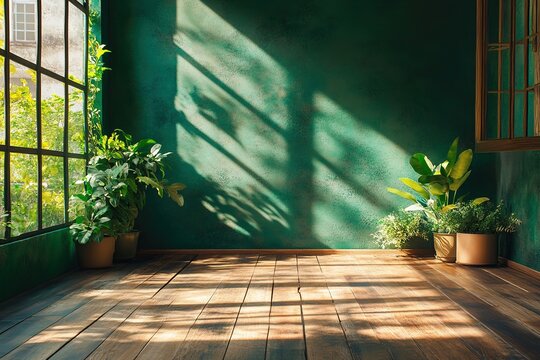 Sunlit Room with Green Walls, Wooden Floor, and Lush Potted Plants: Peaceful Home Interior Design - Powered by Adobe