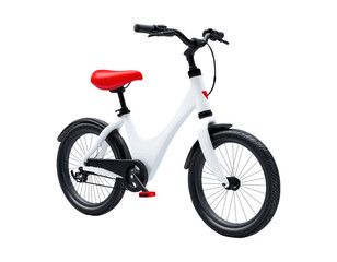 White kids' bike with red seat, isolated on transparent background