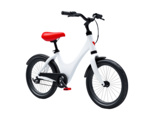 White kids' bike with red seat, isolated on transparent background