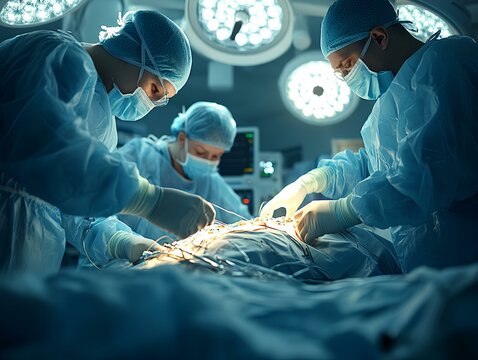 The image shows an operating room in a military hospital, where surgeons in full protective gear perform an emergency procedure. Bright surgical lights focus on the operating table, casting  the room  - Powered by Adobe