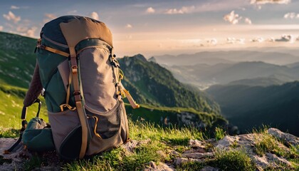 A travelʼs backpack sitting on a mountain edge