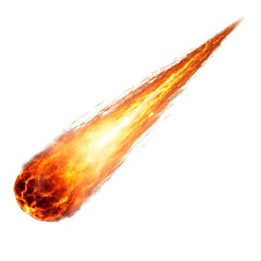 Bright fiery meteor streaking through the night sky over a distant landscape