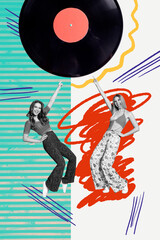 Vertical sketch 3d artwork collage poster of two happy girls dance music occasion vinyl record weekend party playlist chill