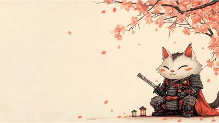 Samurai Cat in Cherry Blossom Serenity