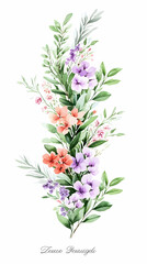 Watercolor floral arrangement, pastel colors, greenery, spring bouquet, wedding invitation design