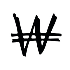 Hand drawn won currency symbol. Brush stroke doodle. Single element for design