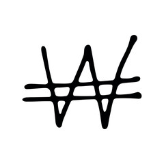Hand drawn won currency symbol. Brush stroke doodle. Single element for design