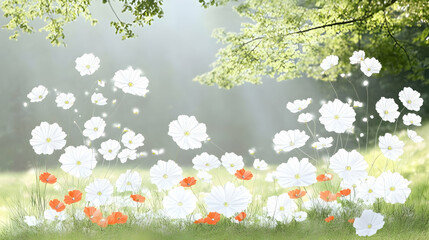 White and orange cosmos flowers in a sunlit meadow; idyllic summer scene; nature background; ideal for greeting cards or websites