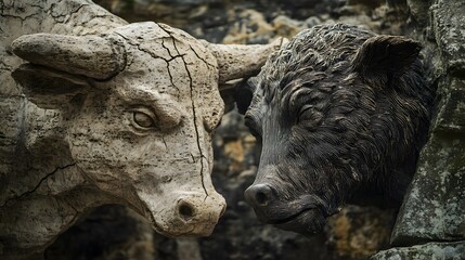Crumbling Stone Sculpture of a Bull and Bear Symbolizing Market Dynamics, Economic Forces, and Financial Volatility in a Raw Artistic Depiction