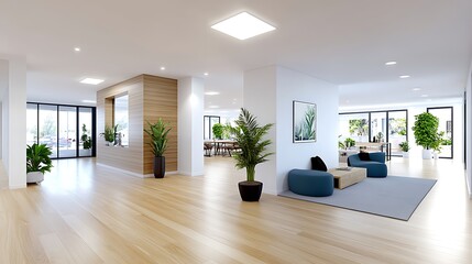 Obraz premium Modern Office Lobby Interior Design Hardwood Floor Plants Lounge Area