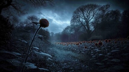 Obraz premium Dark and Mysterious Landscape with Sunflowers in Twilight Mood