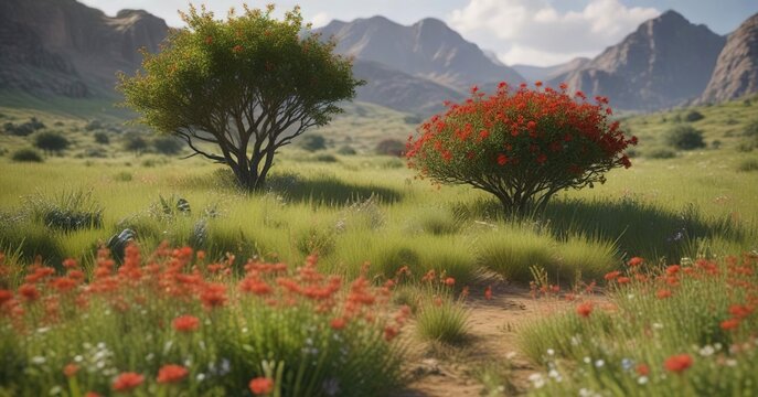 Overgrown grassland with small tree (Arbusto) and red flowers of Baccharis consamguinea in foreground , Arbutus, thorny tree, Consolida