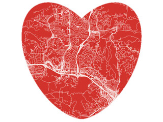 Heart-Shaped Map of Thousand Oaks California, USA in Bold Red and White Design.