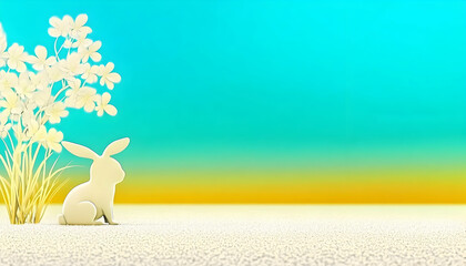Obraz premium White rabbit sitting near flowers at sunset, serene landscape; Easter card, spring greeting