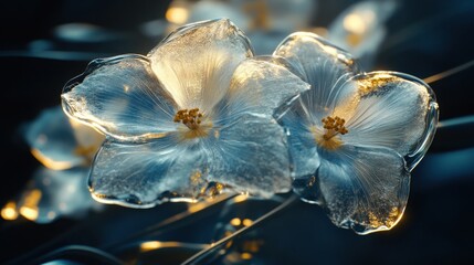 Glass Hydrangea flower, abstract floral glassmorphism wallpaper, translusent and luminous effect on dark background