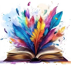 An open book with colorful feathers flying out of it, a watercolor-style illustration on a white background,