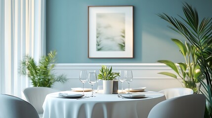 Dining area frame mockup with monochrome accents, small indoor plants, and white table