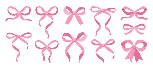 Simple hand drawn pink ribbon bow collection. Bowknot for decoration, big set of bowtie. Large retro ribbon illustration set. Set of various cartoon bow knots, gift ribbons. Valentines day, love sign 