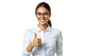 Smiling woman giving thumbs up, wearing glasses and white shirt, isolated on transparent background