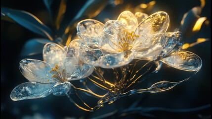 Glass Ixora flower, abstract floral glassmorphism wallpaper, translusent and luminous effect on dark background