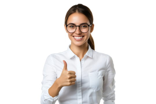 Smiling woman giving thumbs up, wearing glasses and white shirt, isolated on transparent background