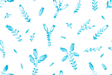Abstract blue branches seamless pattern. Botanical illustration. Blossom flower. Endless background