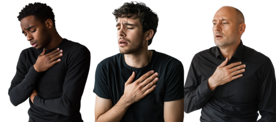 Expressions of Concern: Three Diverse Men with Hands on Chests Indicating Breath or Emotional Response