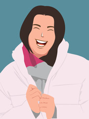A cheerful woman is depicted in a flat or vector style illustration, wearing a winter coat and a scarf, smiling happily. The background is plain gray, which increases the focus on the subject.