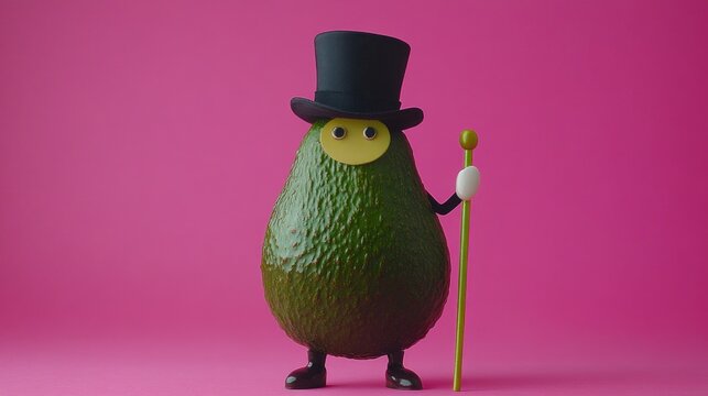 A fashionable avocado stands tall, sporting a top hat and cane, exuding charm and playfulness. Its colorful attire adds a delightful touch to a lively and cheerful backdrop