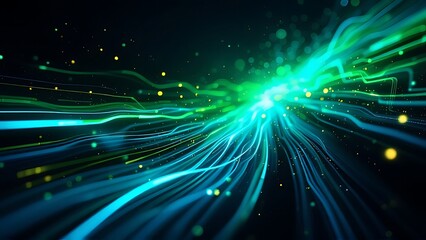 Naklejka premium Green Neon Fiber Optic Abstract: Speed and Technology Lines Texture Background