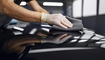 worker polishing black luxury car hood in auto repair shop 