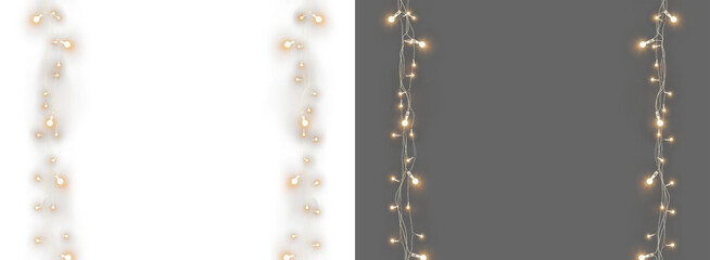 Isolated Christmas garland on a transparent background. Glowing light bulb png. String bulb. Lights Christmas. Xmas Holiday cards, banners, posters, web design.  String with glowing led light