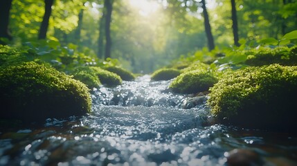 Serene forest stream meanders through mossy rocks, with crystal clear water reflecting sunbeams filtering through trees, creating dappled light effects in vibrant woodland setting.