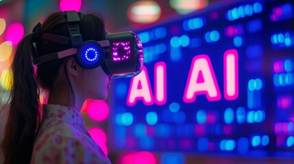 Woman Exploring Virtual Reality With AI, Immersive Technology and The Future Concept.