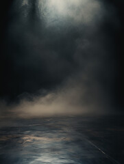 A dark background sets the stage for an atmospheric stock photo, featuring an empty floor obscured by dark charcoal fog, amplifying a moody aesthetic.