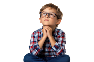 Little boy thinking with glasses, plaid shirt, isolated on transparent background