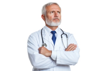 Elderly doctor with arms crossed, stethoscope and white coat, isolated on transparent background
