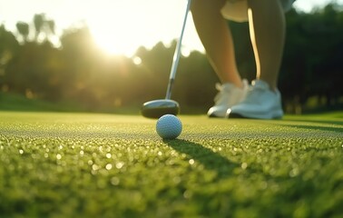 Close-up of a woman playing golf, putting a ball on the green grass near the hole during summertime, with sunlight and a blurred background. 