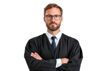 Male lawyer in robe with arms crossed, professional attire, isolated on transparent background